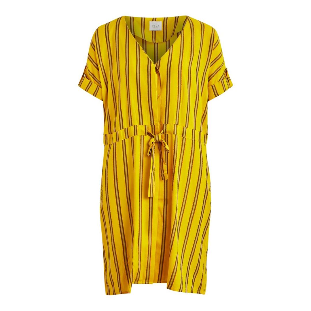 Платье Короткое расклешенное в полоску с V-образным вырезом 44 желтый