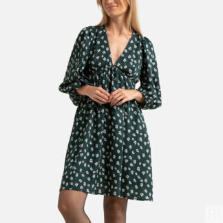 Платье короткое с цветочным принтом длинные рукава  4(XL) зеленый