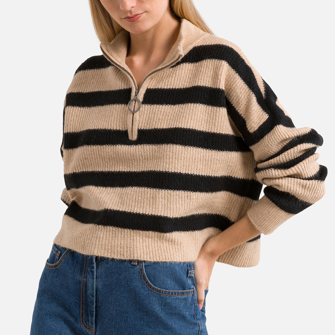 Пуловер с воротником-стойкой из объемного трикотажа  XS черный