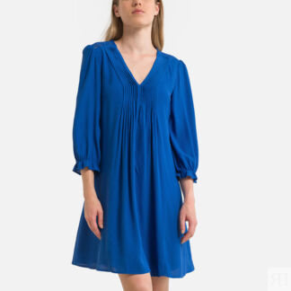 Платье Короткое с плиссировкой V-образный вырез рукава 34 XL синий