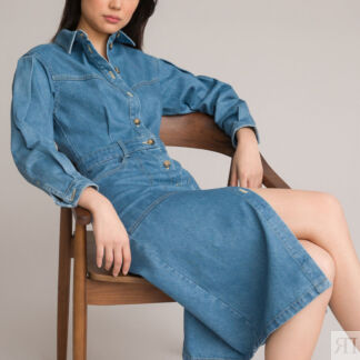 Платье-рубашка Длинное из джинсовой ткани с длинными рукавами 40 синий