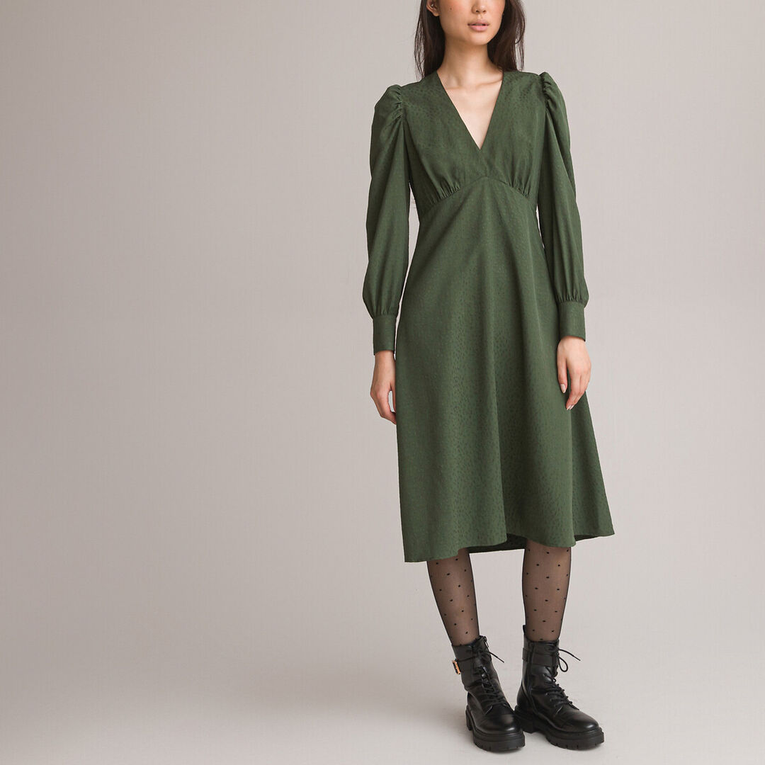 Платье С V-образным вырезом с длинными рукавами жаккардовая ткань 48 зелены