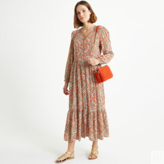 Платье длинное расклешенное с цветочным принтом  42 оранжевый