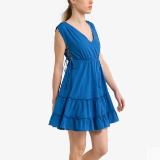 Платье Из хлопка с вышивкой гладью V-образное декольте на спинке 42 синий